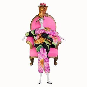 Poupee Millet Art Doll Floral Dress With Headpiece On Pink Chair Signed Vtg READ
